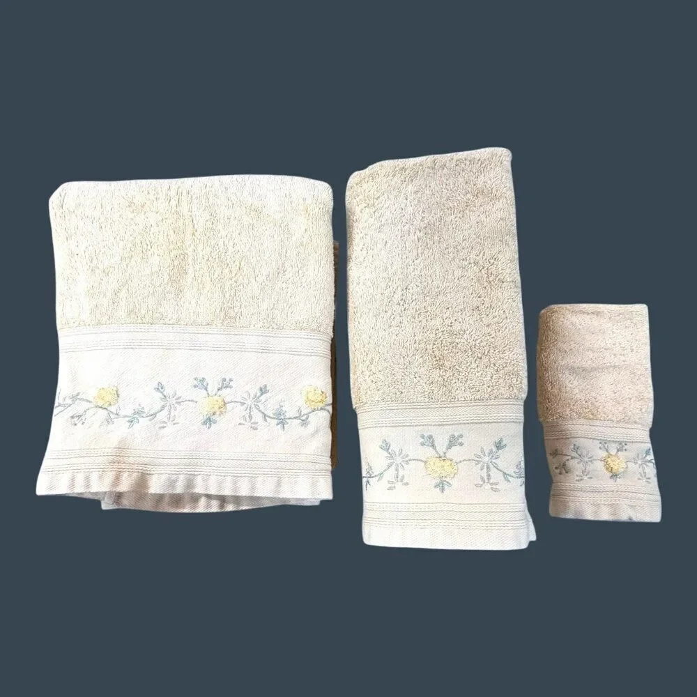 Home Spa Embroidered Floral Bath Towel Portugal Set Of 7 Cotton Beige READ